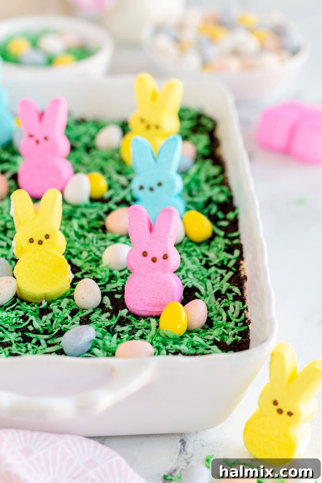 Close-up of Easter Dirt Cake with Bunny Peeps Easter Dirt Cake decorated with charming bunny Peeps