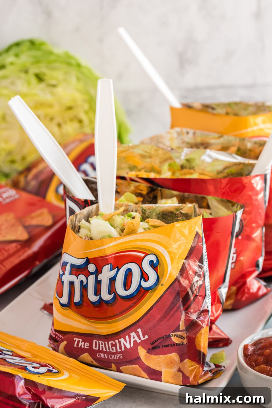 Walking Tacos on a tray, ready to be served