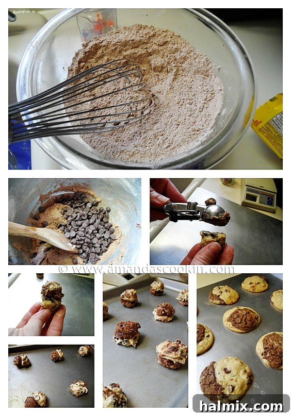 Stacked scoops of vanilla and chocolate cookie dough on a baking sheet, ready to bake into delicious double stack cookies.