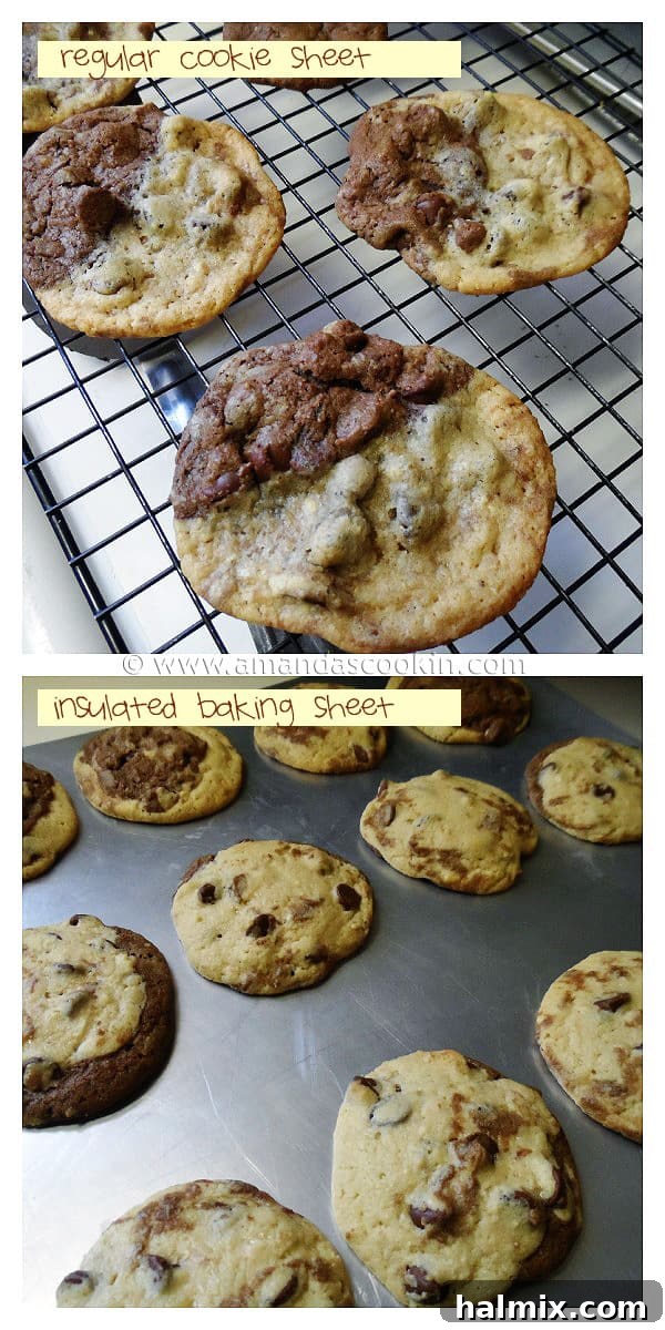 A stunning side-by-side comparison of cookies baked on regular versus insulated sheets, highlighting the difference in texture and spread.