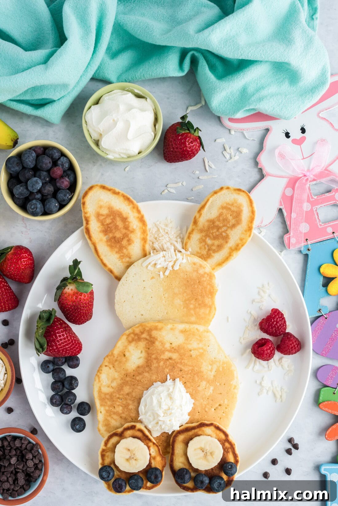 Bunny Butt Pancakes served with fruit and whipped cream