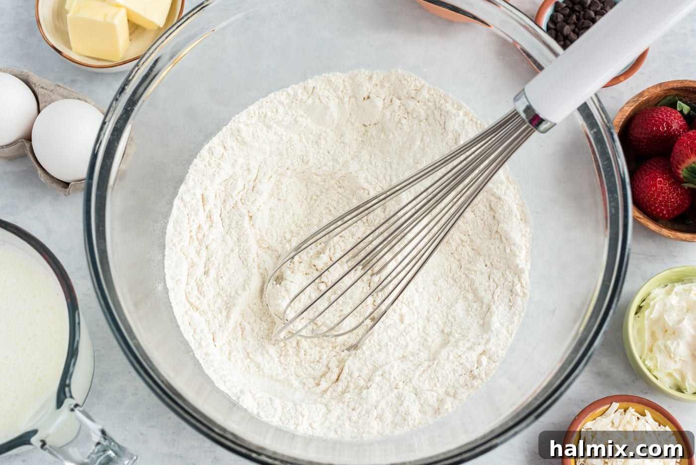Dry ingredients for buttermilk pancakes in a bowl