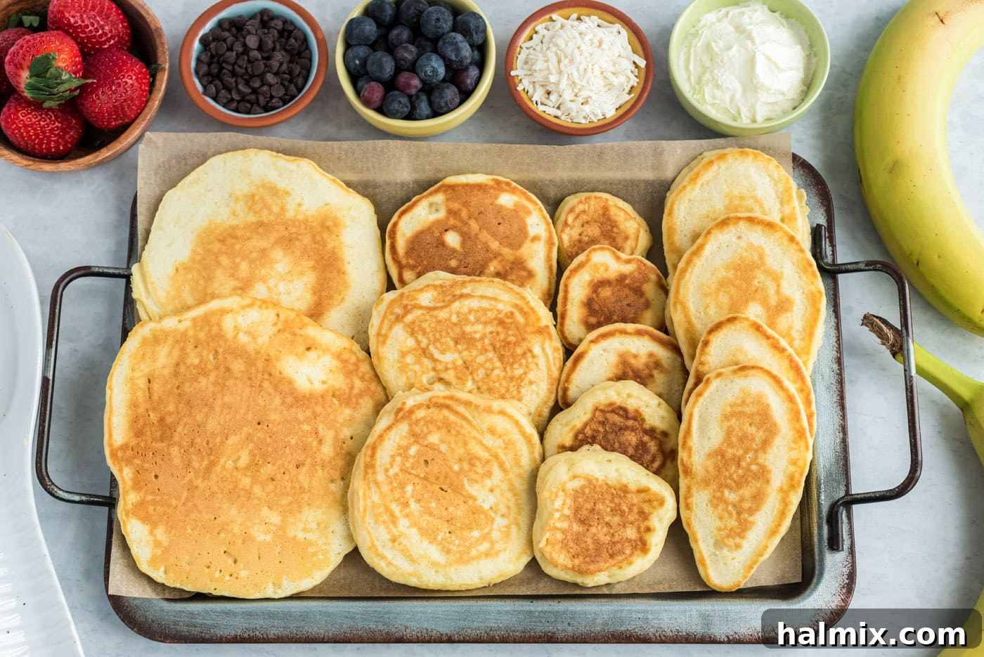 Pancakes on a baking sheet, ready for assembly