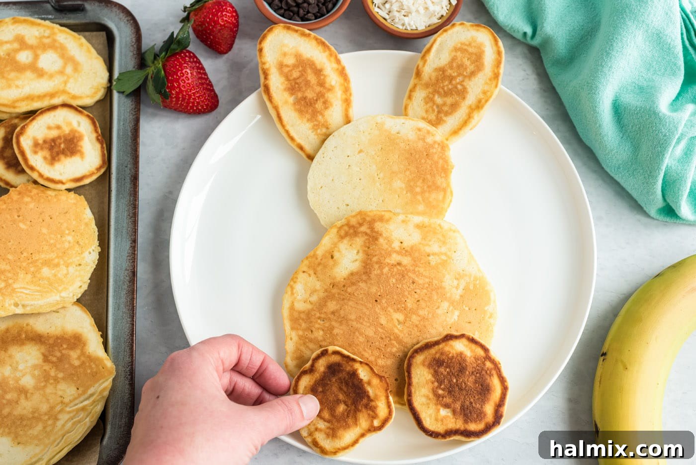 Bunny Butt Pancakes assembled on a plate, ready to serve