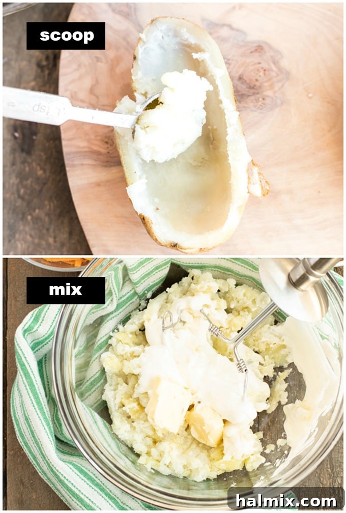 scooping potato out of potato skin