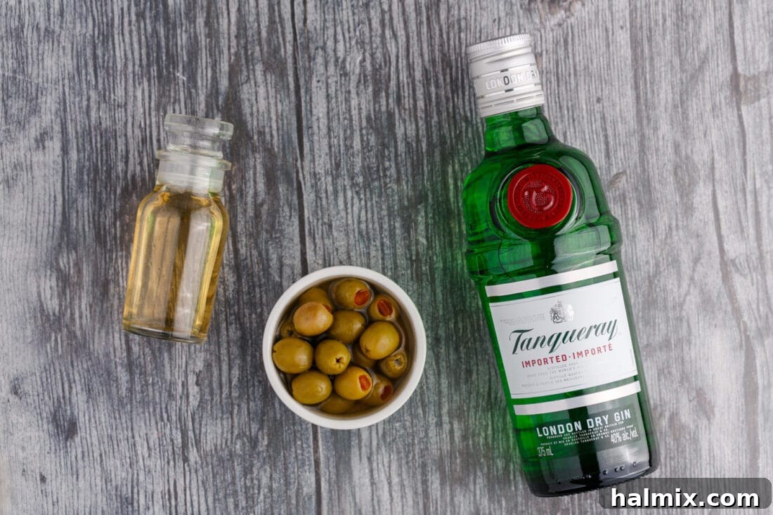 Ingredients laid out for a Dirty Martini: gin, dry vermouth, olive brine, and green olives