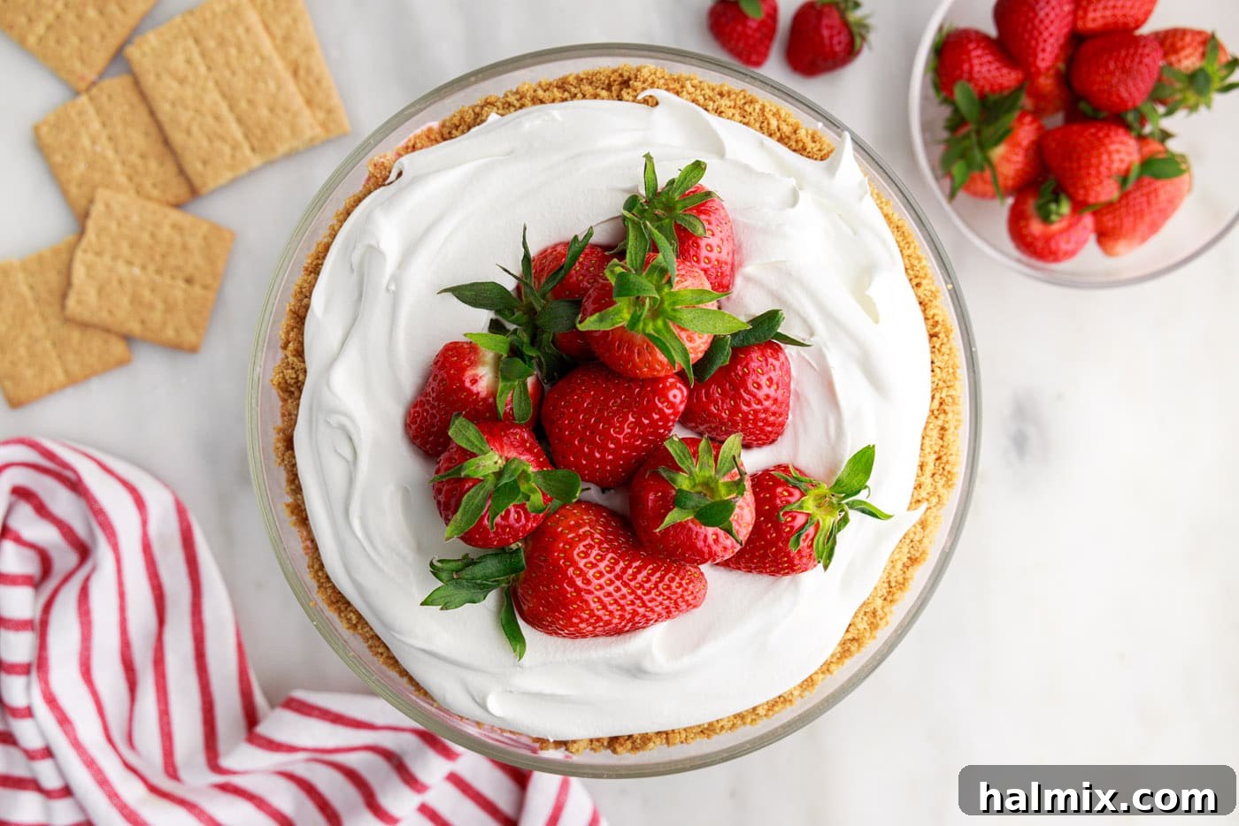 Strawberry Lasagna Delight 16 An overhead shot of the completed Strawberry Lasagna Trifle, beautifully garnished and ready to be chilled.