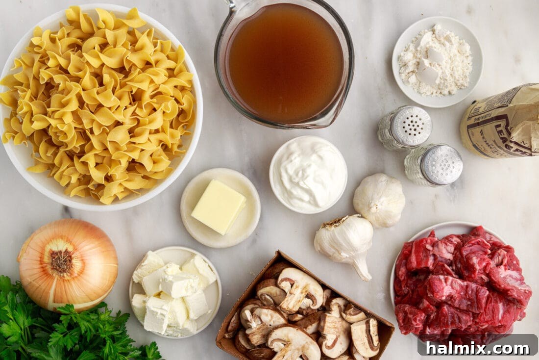 Arrangement of fresh ingredients for Instant Pot Beef Stroganoff, including beef, mushrooms, onions, sour cream, and spices.