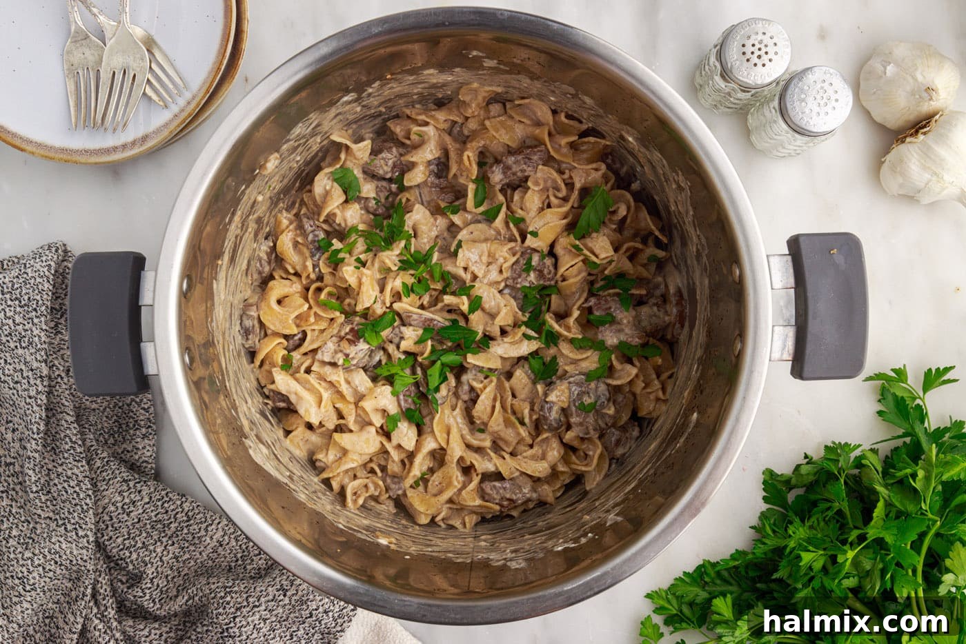 Fresh chopped parsley sprinkled over a serving of Instant Pot Beef Stroganoff.