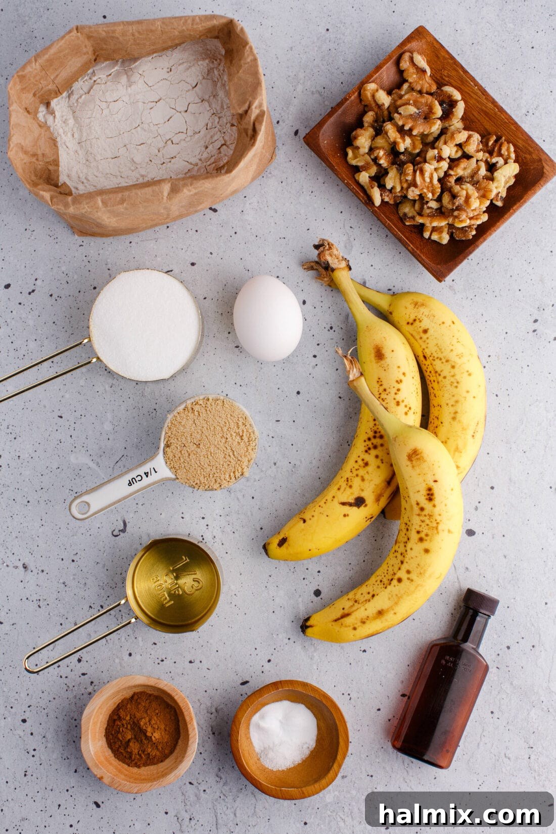 ingredients for Banana Nut Bread laid out on a table