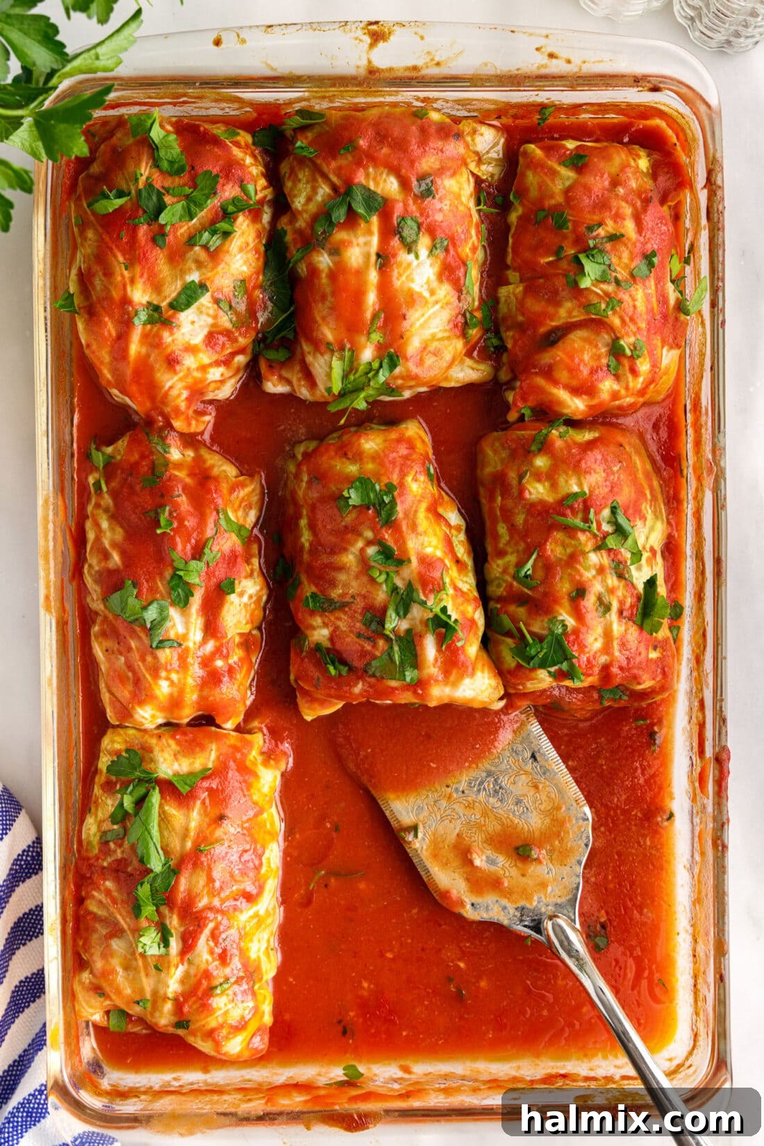 Savory Stuffed Cabbage Bundles 2 Overhead photo of Cabbage Rolls artfully arranged in a baking dish with a serving spatula, ready to be enjoyed.