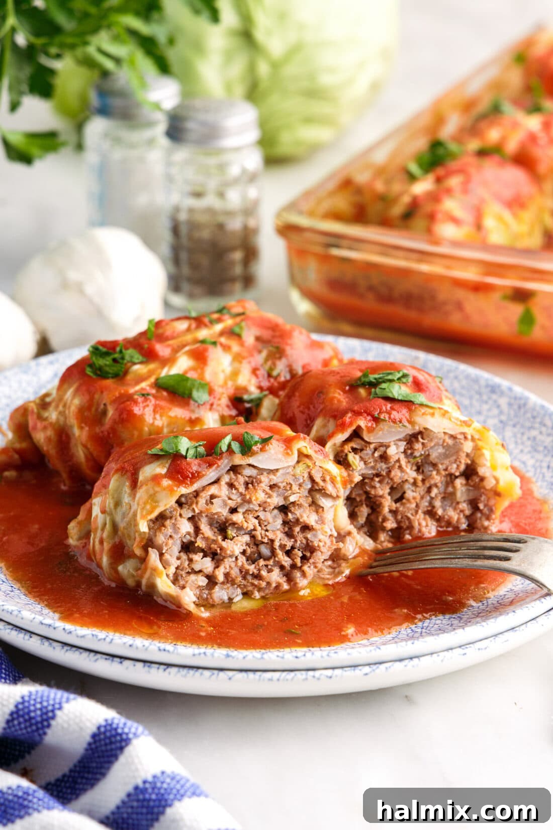 Savory Stuffed Cabbage Bundles 15 A plate featuring two perfectly sliced Cabbage Rolls, showcasing the hearty meat and rice filling.