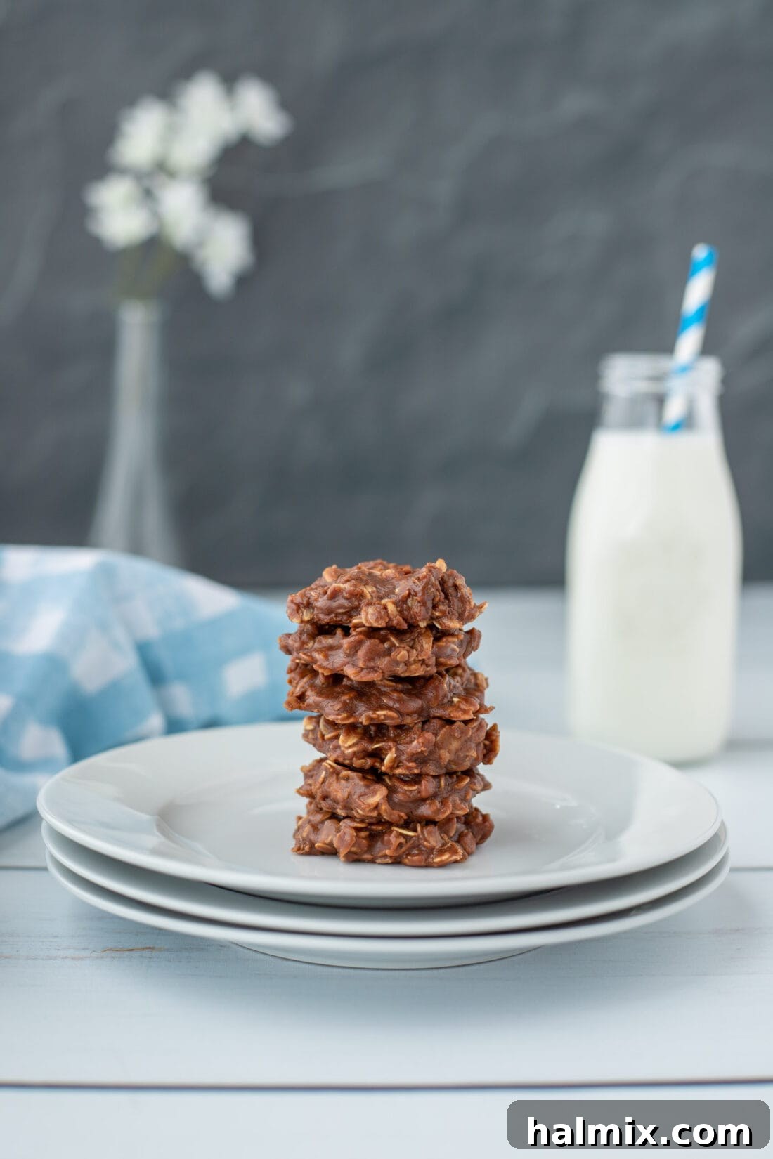 stack of Chocolate No Bake Cookies on plate