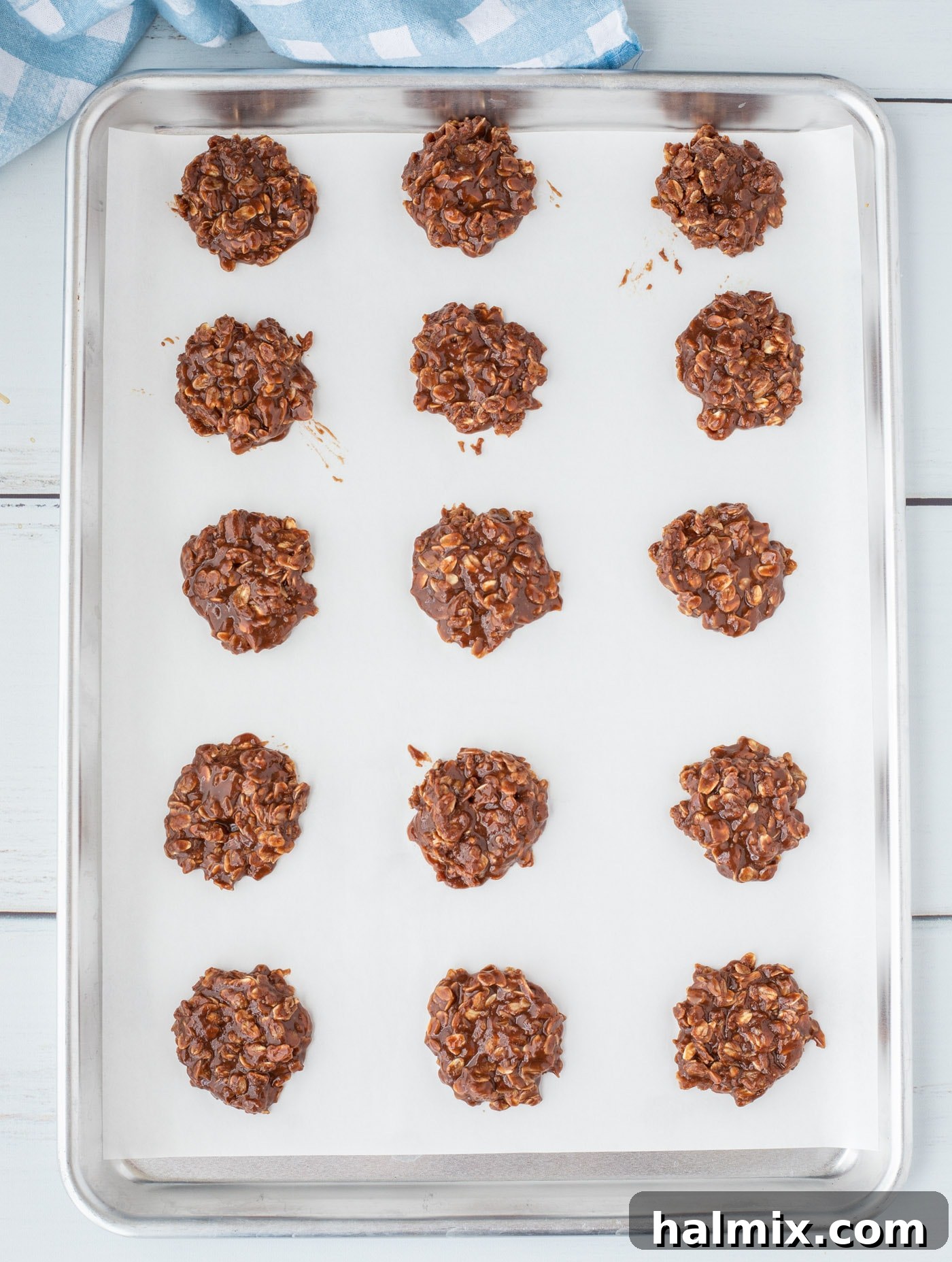 chocolate no bake cookies on parchment paper