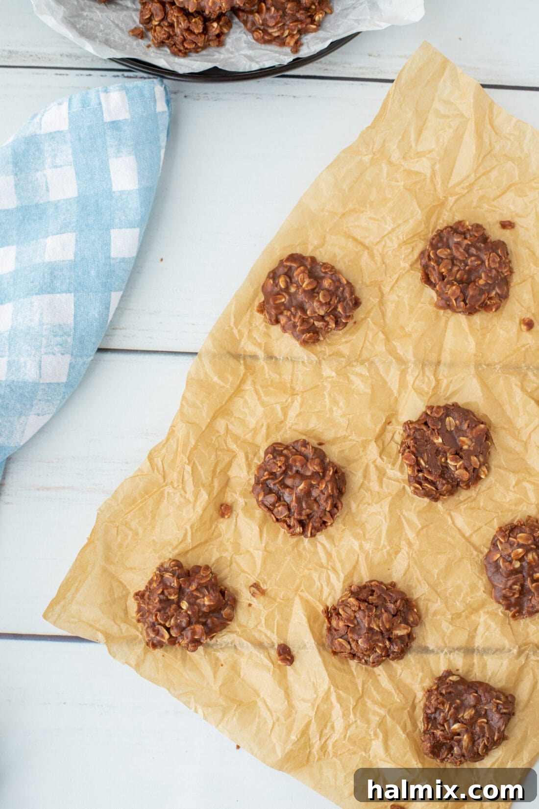 Chocolate No Bake Cookies on parchment