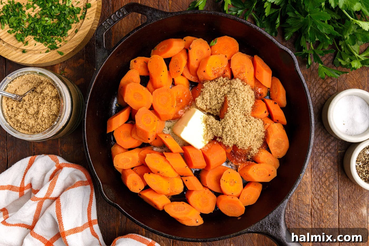brown sugar and butter in a skillet with carrots