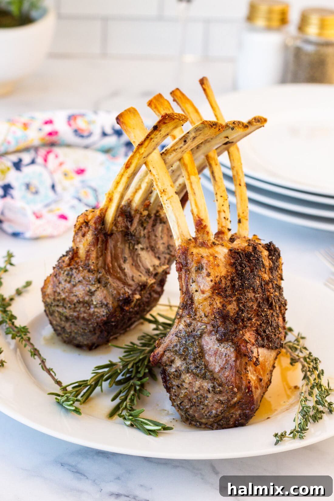 A perfectly cooked Rack of Lamb, sliced and arranged beautifully on a plate with fresh herbs as garnish.