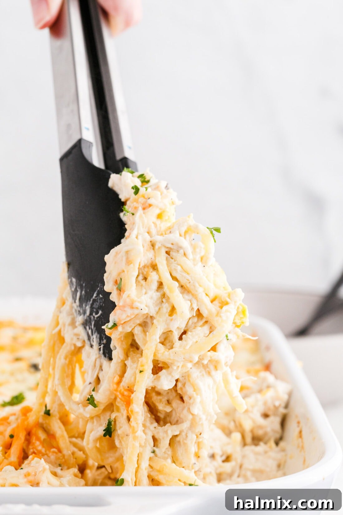 Creamy Baked Chicken Tetrazzini 2 Delicious Chicken Tetrazzini being served with tongs