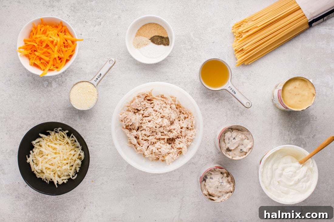 Creamy Baked Chicken Tetrazzini 4 Assortment of ingredients for Chicken Tetrazzini