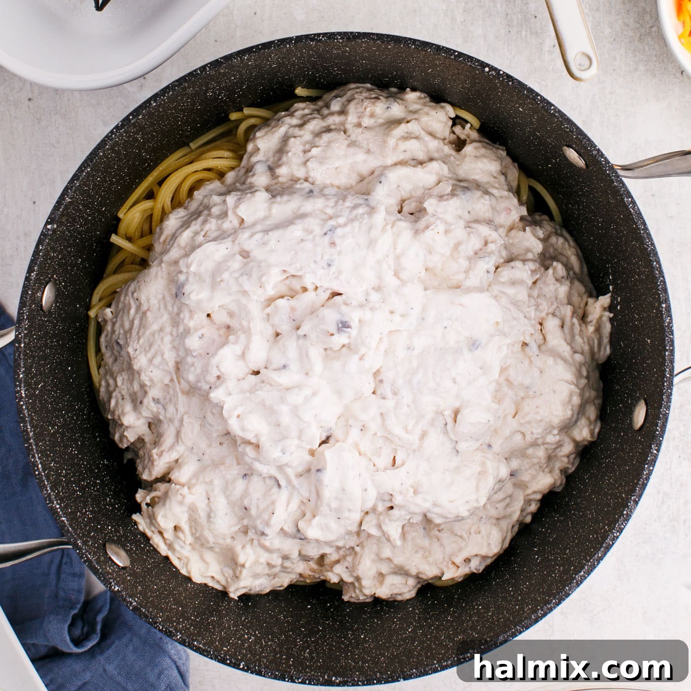 Creamy Baked Chicken Tetrazzini 7 chicken creamy sauce on top of spaghetti noodles