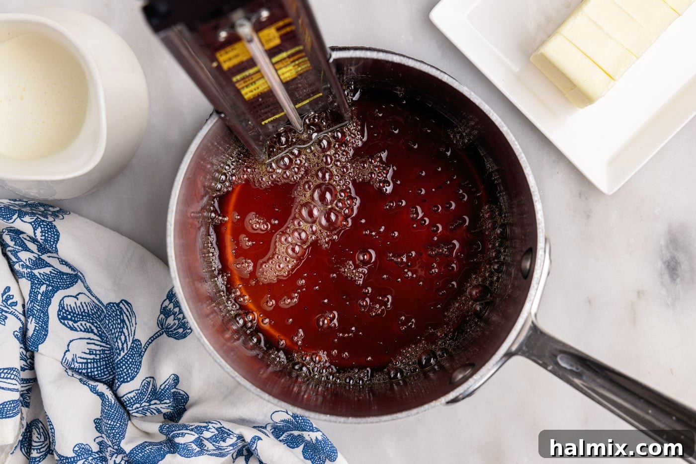 amber colored caramel sauce simmering