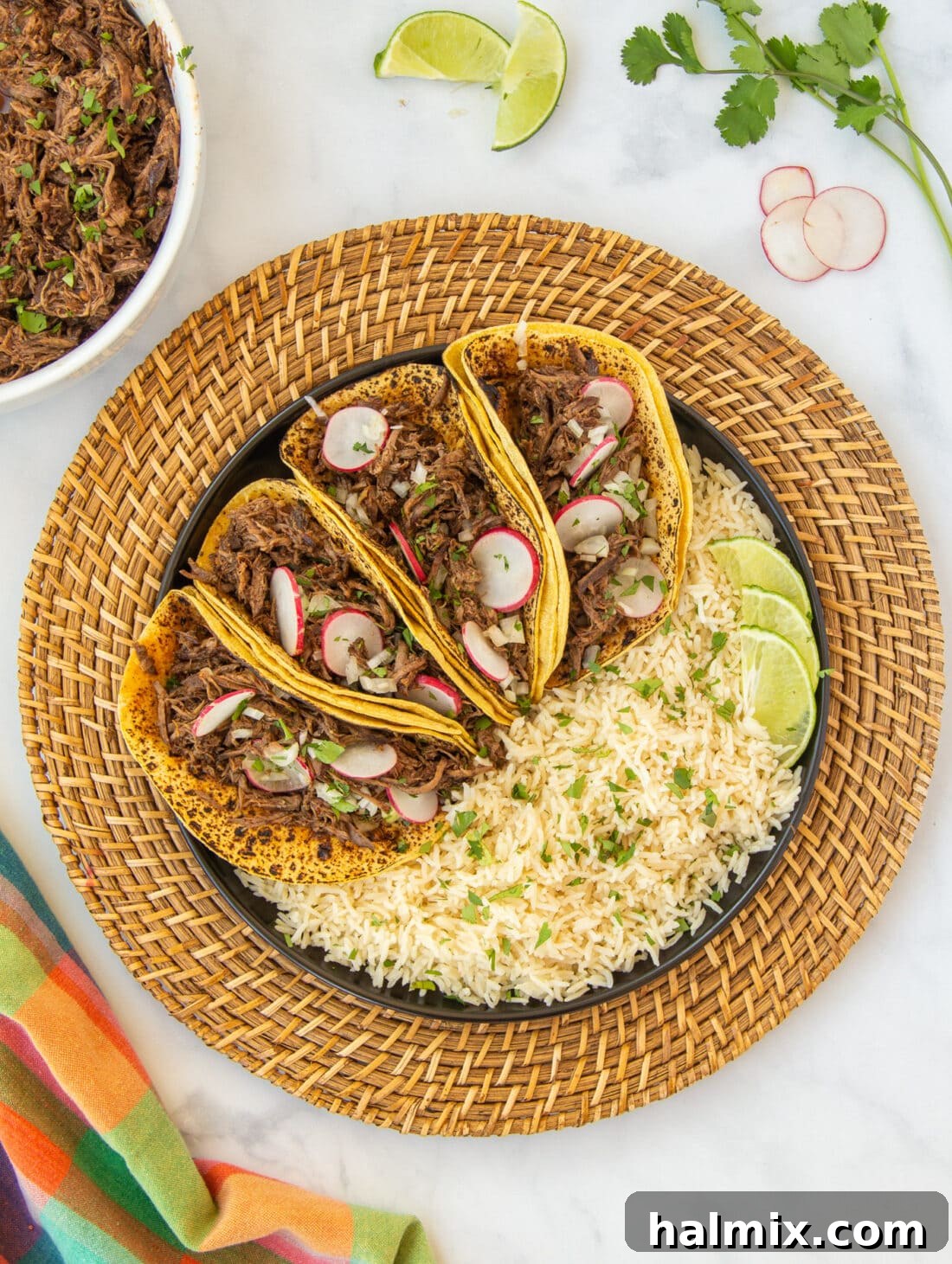 Meltingly Tender Barbacoa 3 Beef Barbacoa tortillas with rice