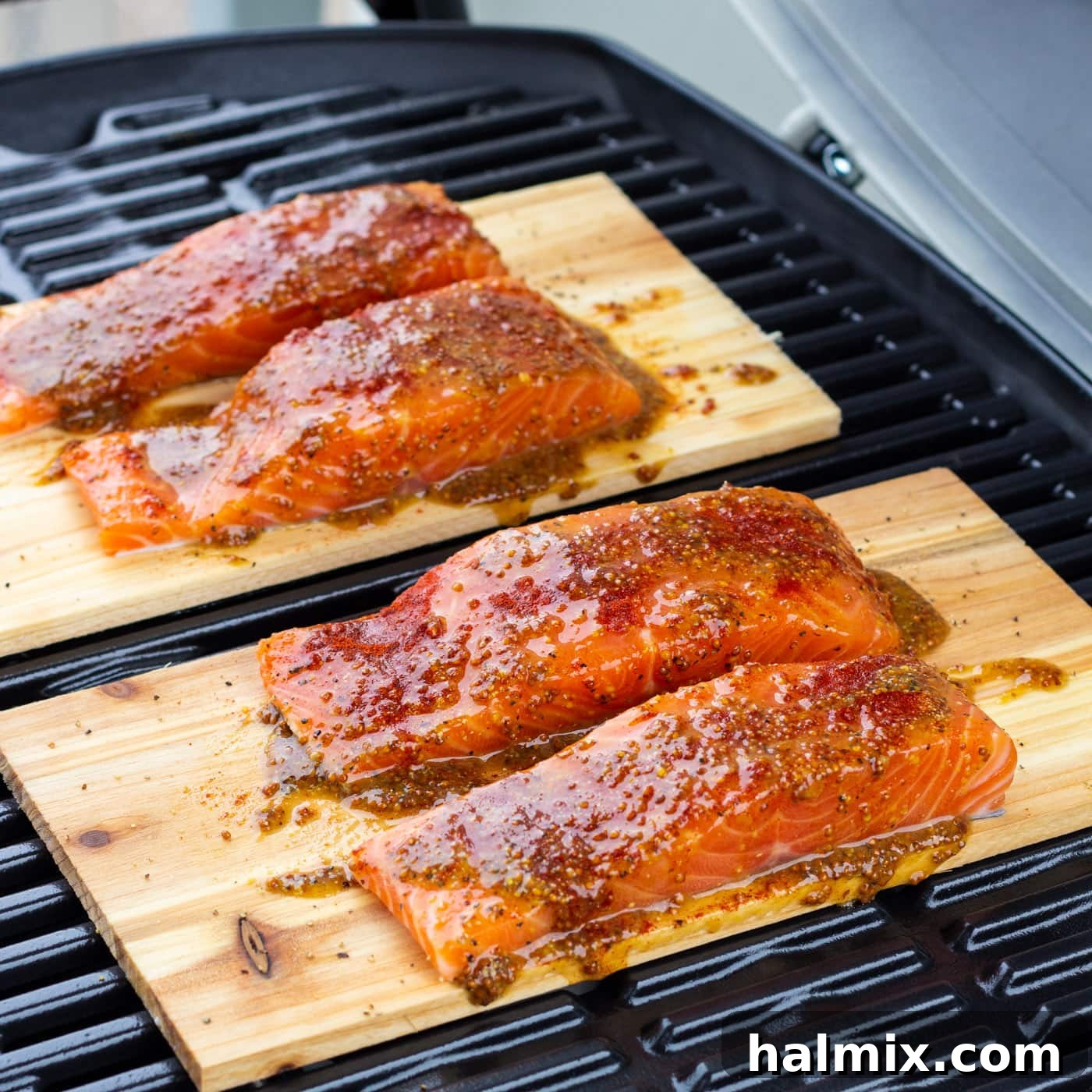 Cedar plank salmon cooking on a hot grill with the lid closed to infuse smoky flavor.