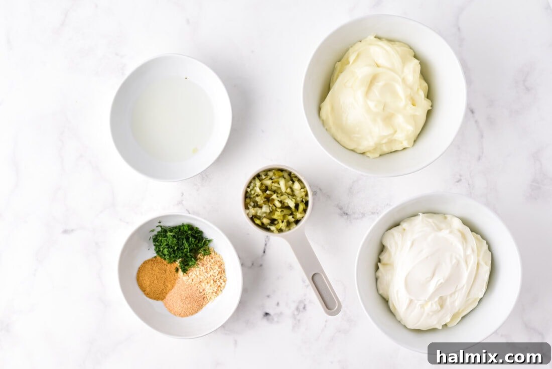 All the ingredients laid out for making Dill Pickle Dip