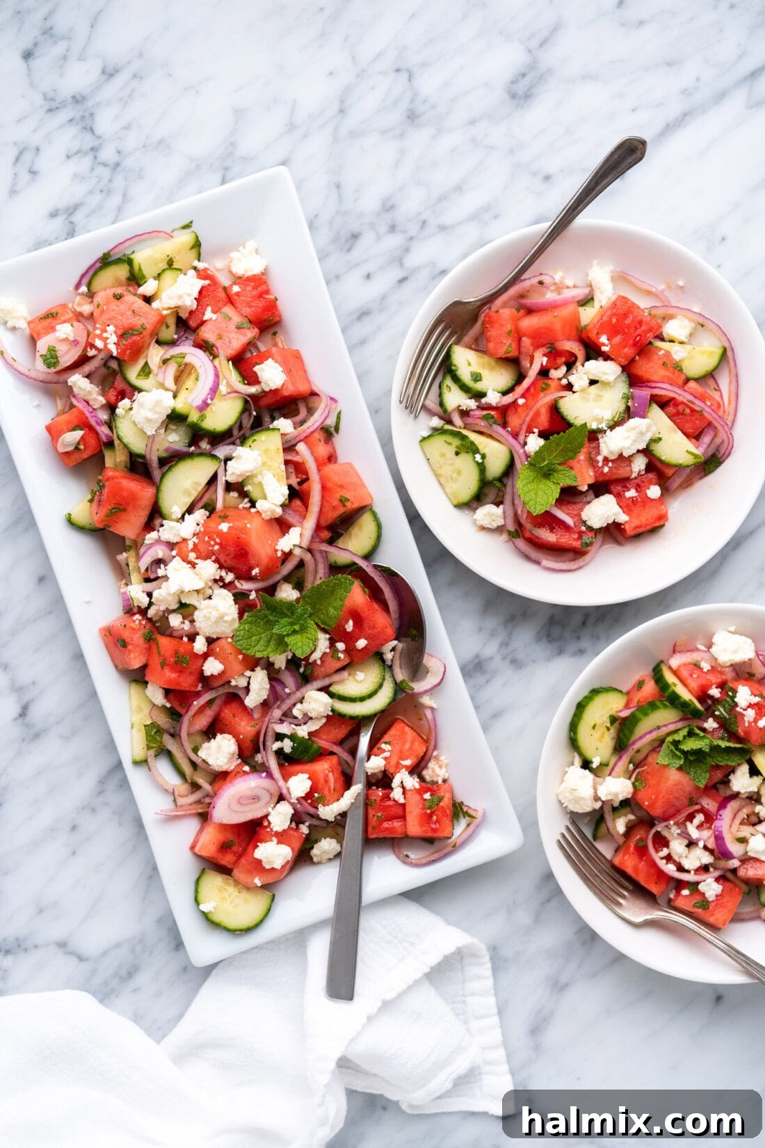 Watermelon Salad on platter and in bowls
