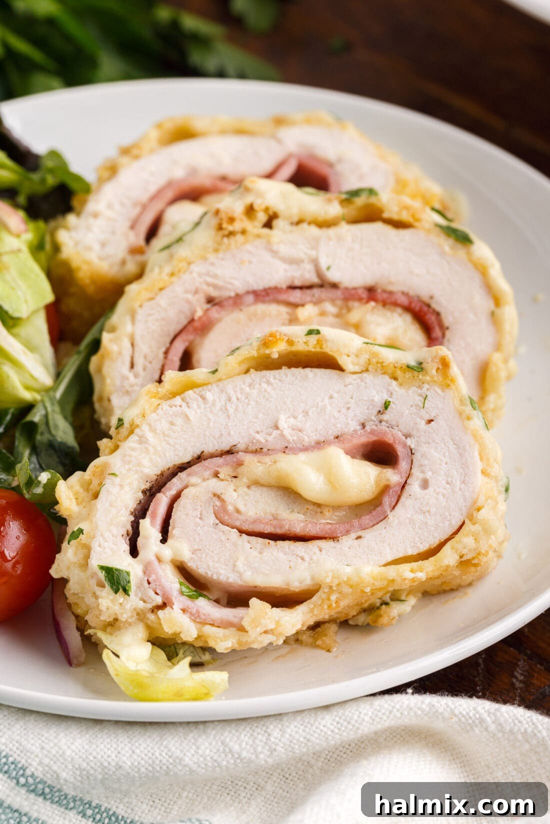 slices of Chicken Cordon Bleu on platter