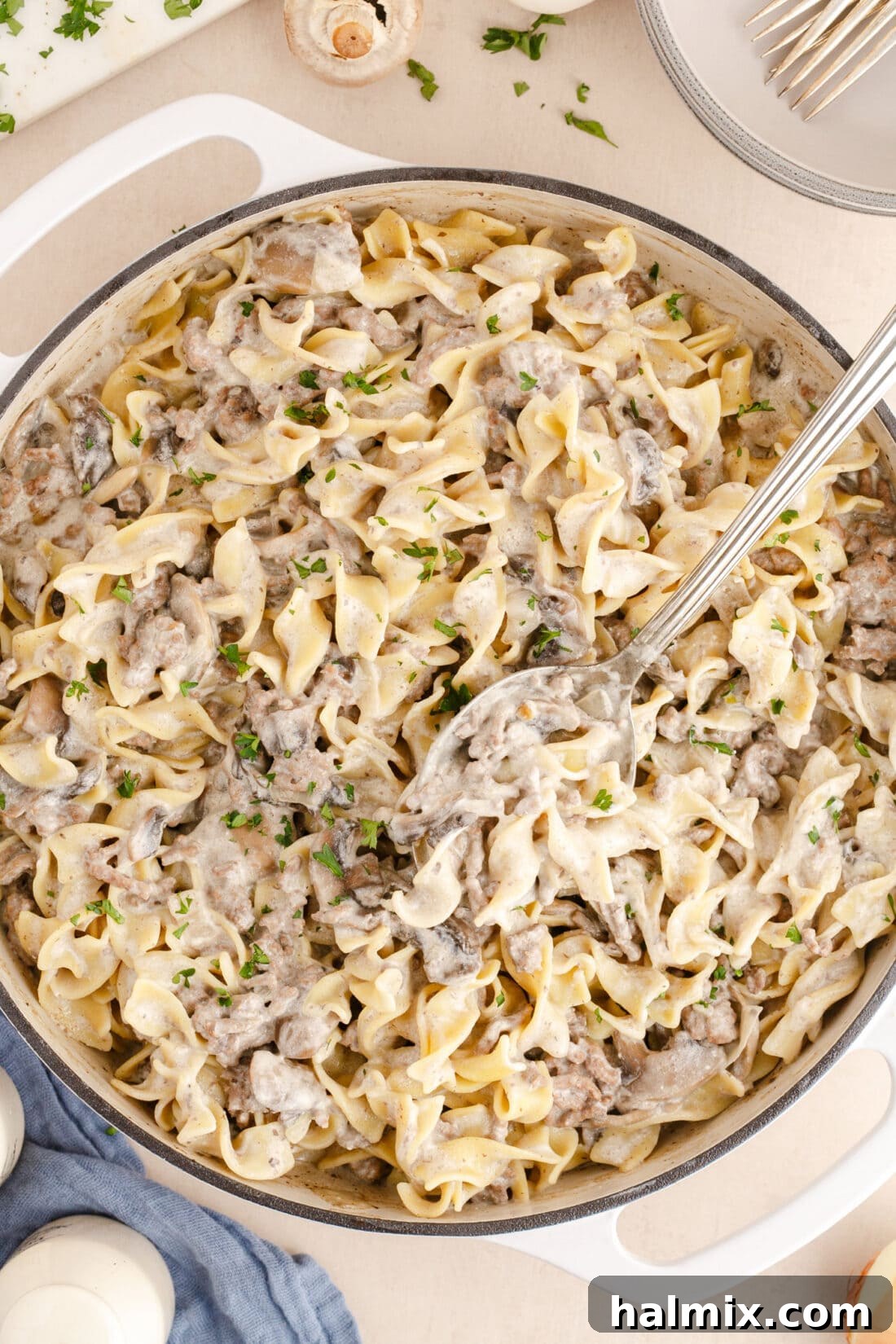 Creamy Ground Beef Stroganoff 2 Overhead shot of a large skillet filled with creamy Ground Beef Stroganoff and egg noodles, garnished with fresh parsley.