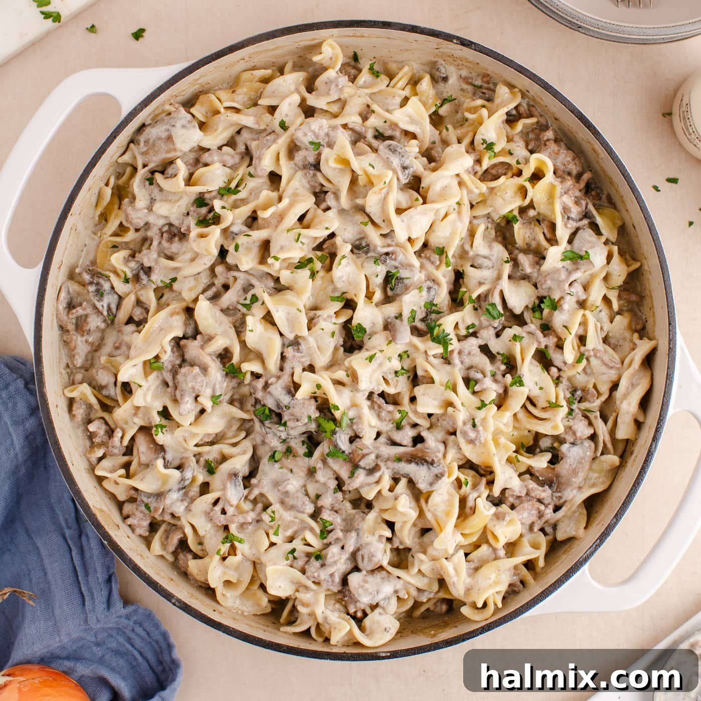 Creamy Ground Beef Stroganoff 11 Finished Ground Beef Stroganoff in a skillet, thoroughly mixed with egg noodles and garnished with fresh parsley.