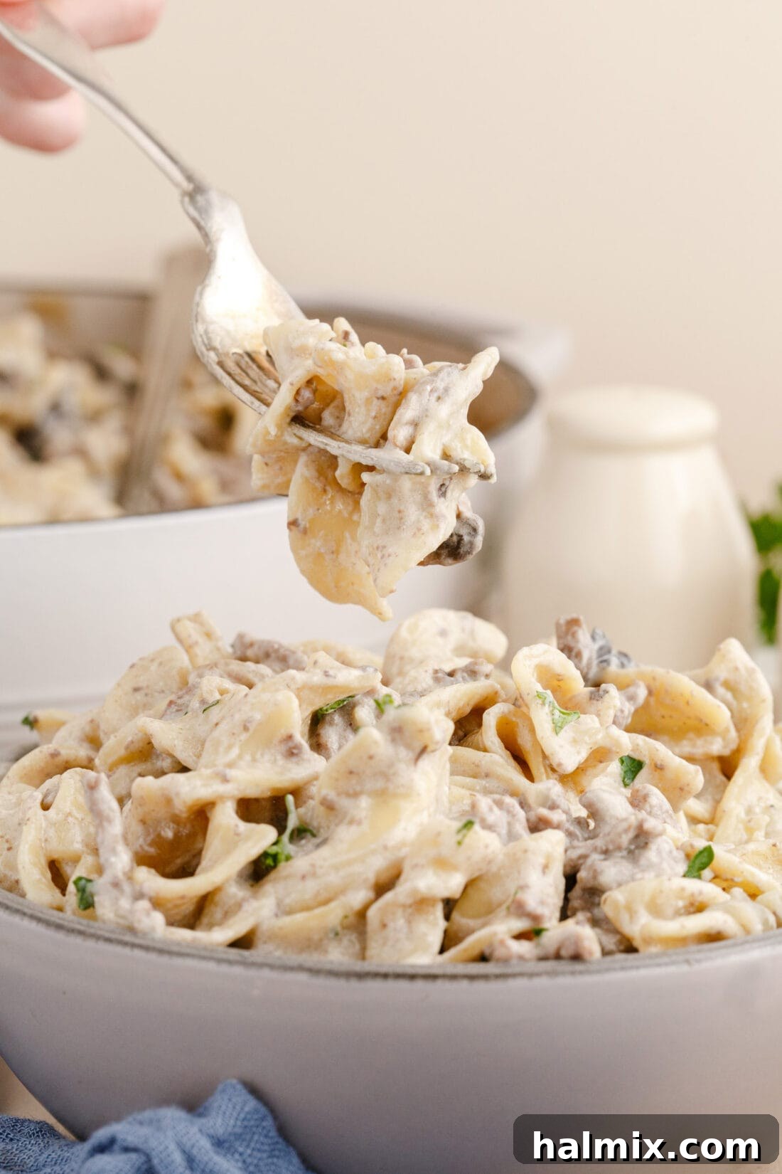Creamy Ground Beef Stroganoff 3 Close-up of a fork lifting a generous portion of Ground Beef Stroganoff, showing creamy sauce, beef, noodles, and mushrooms.