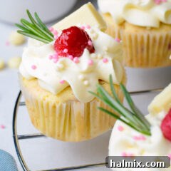 Raspberry White Chocolate Cupcakes, a close-up of a single decorated cupcake