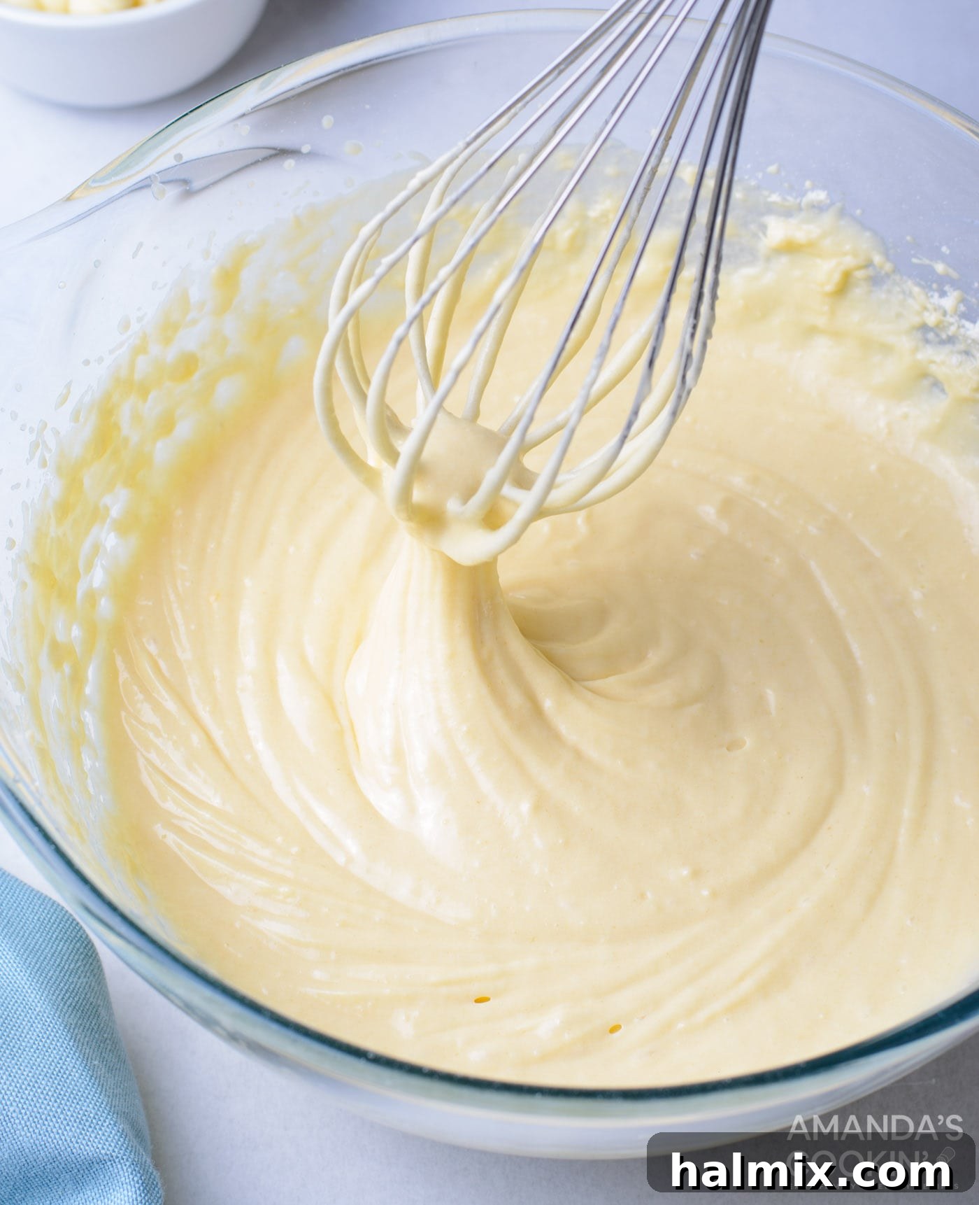 Cupcake batter in a mixing bowl after combining wet and dry ingredients