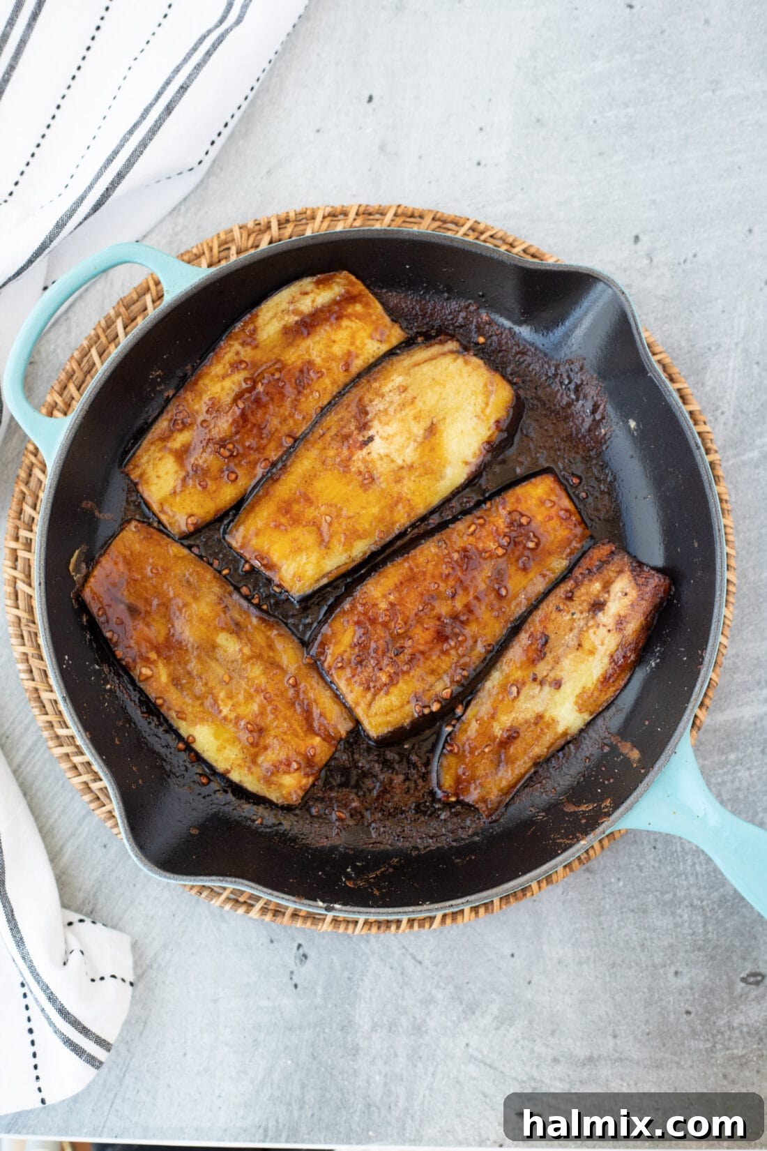 Soy Glazed Eggplant in skillet