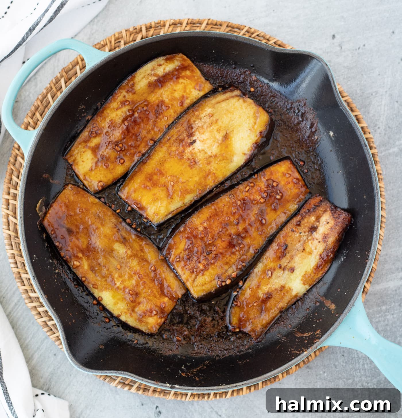 Cooked eggplant in a skillet