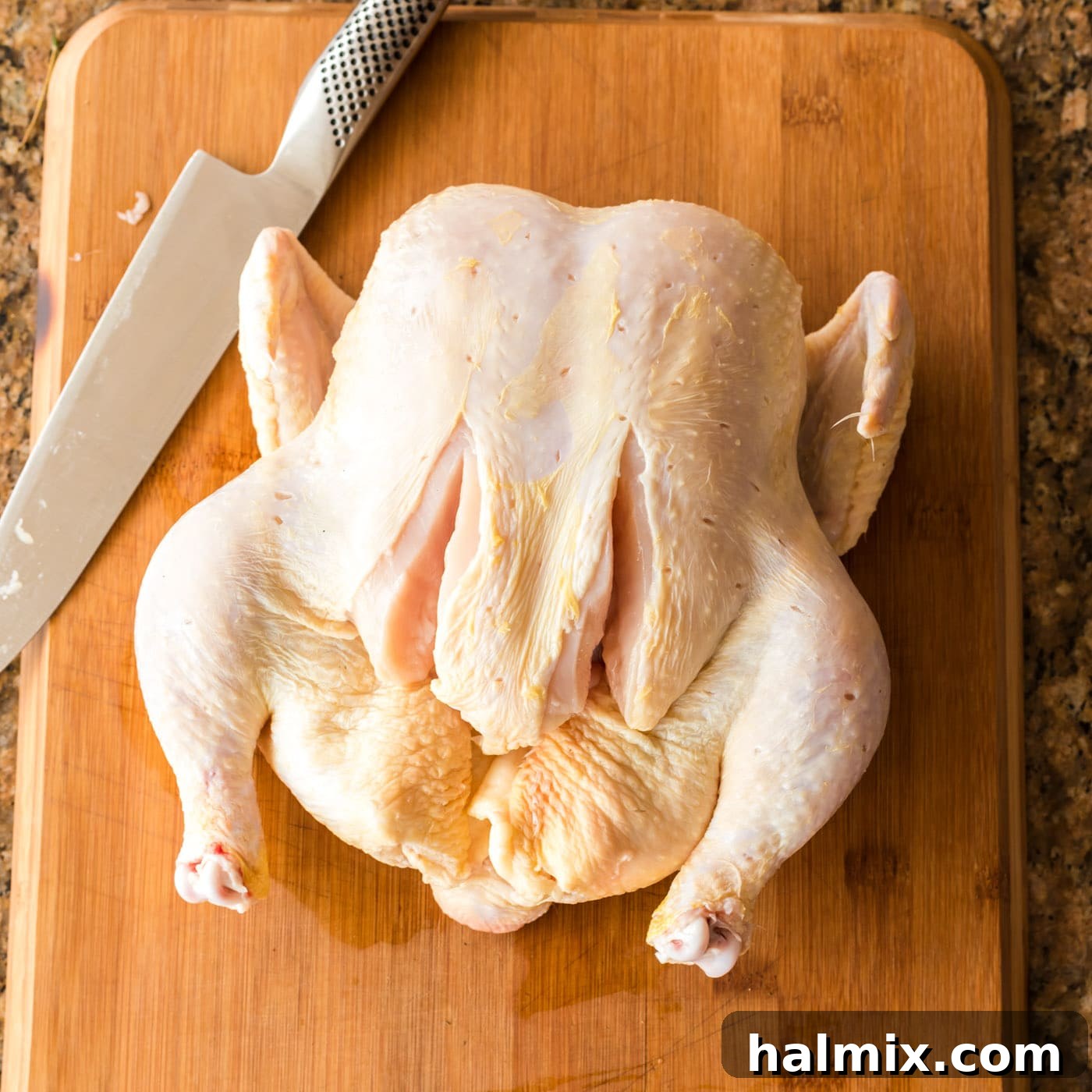 Sliced whole chicken with backbone partially removed