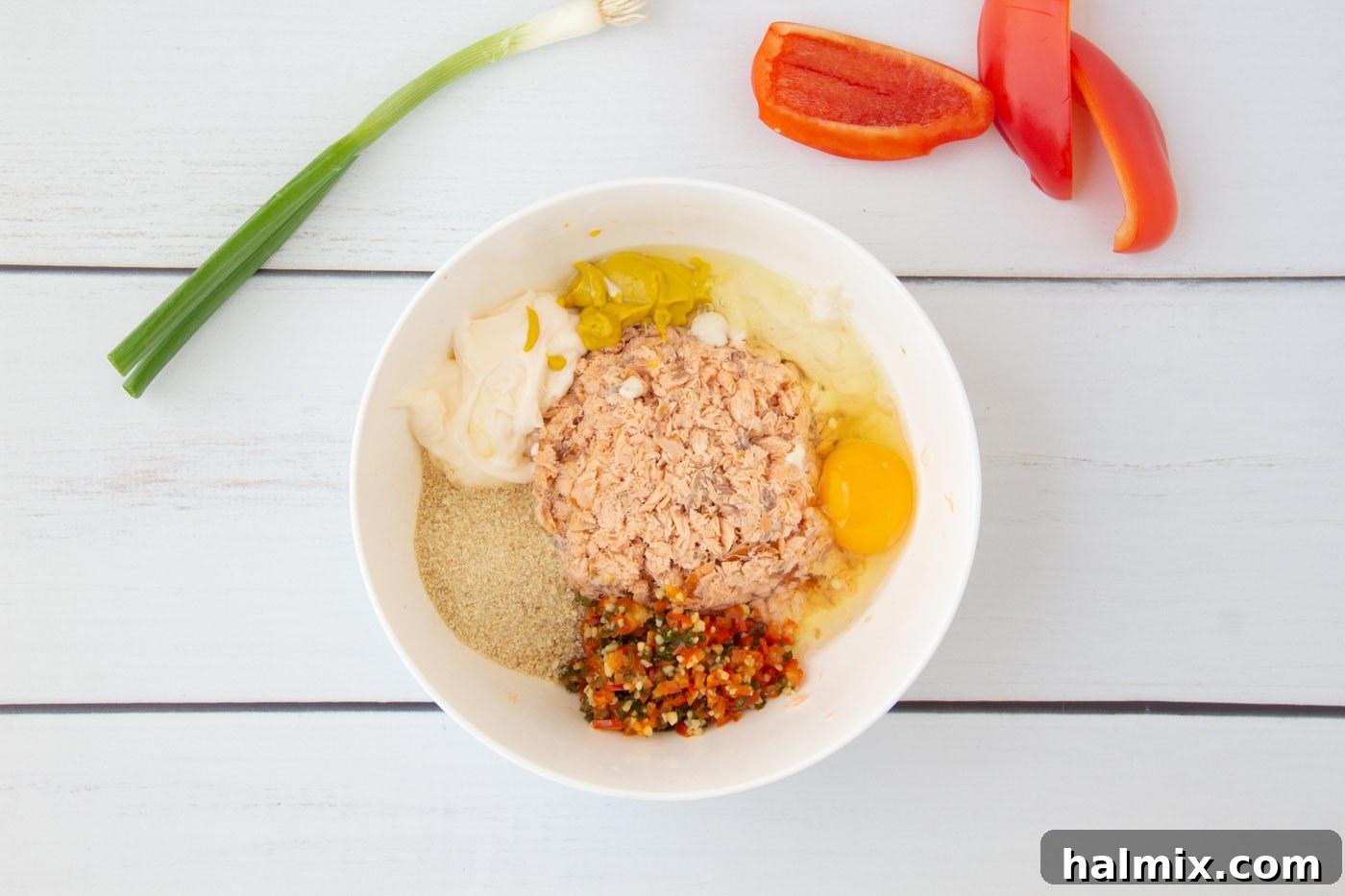All ingredients for smoked salmon fish cakes combined in a bowl