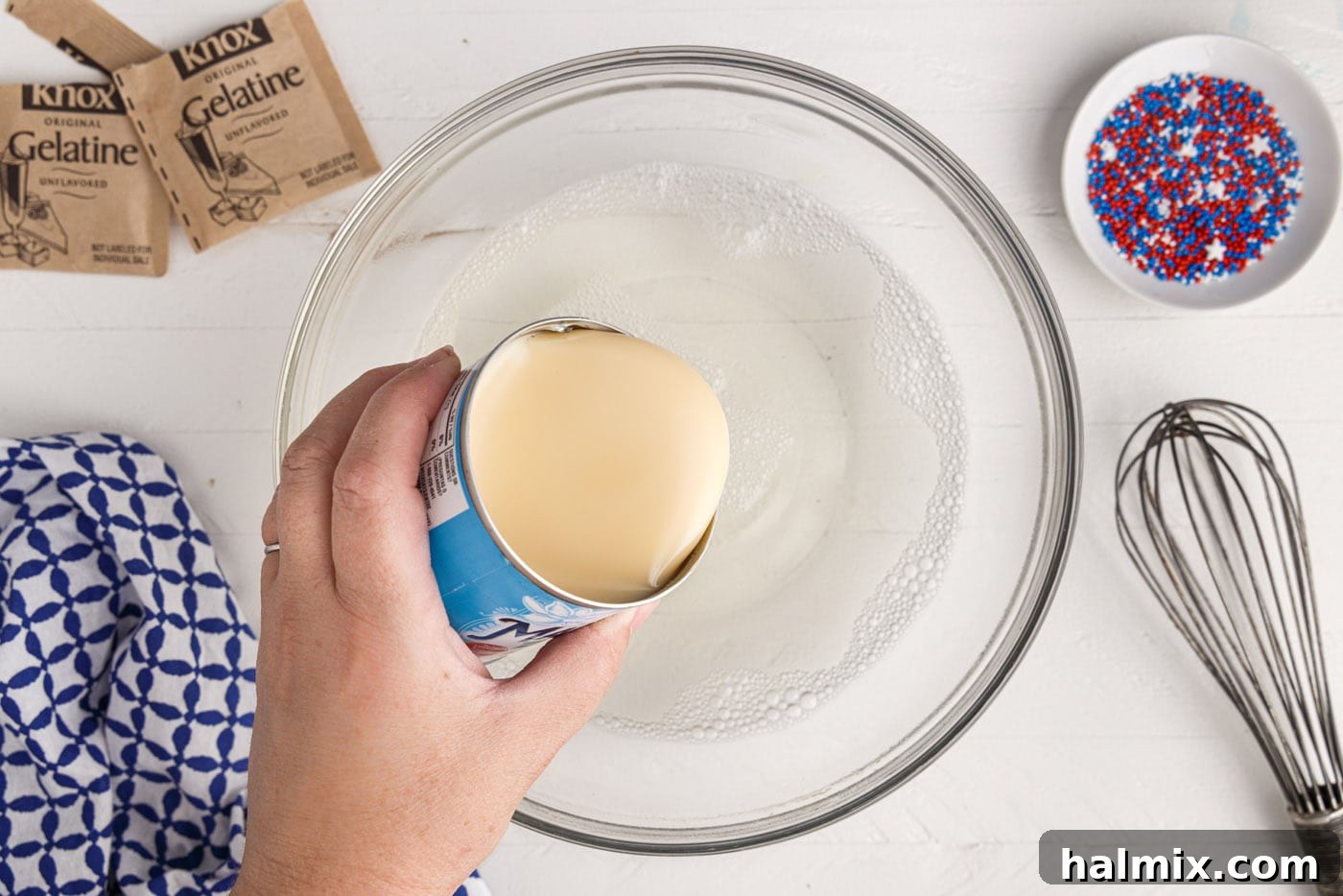 adding sweetened condensed milk to gelatin