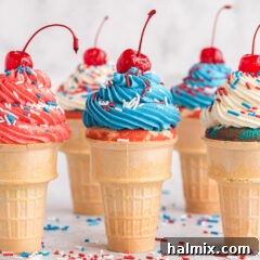 Patriotic Ice Cream Cone Cupcakes with frosting and sprinkles