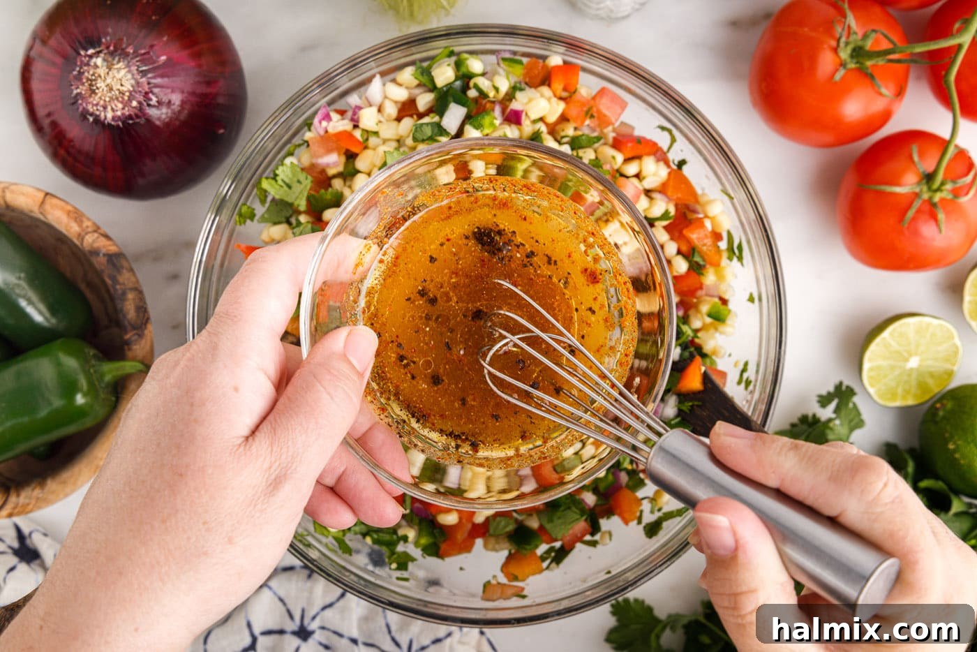 chili seasoning dressing over corn salsa