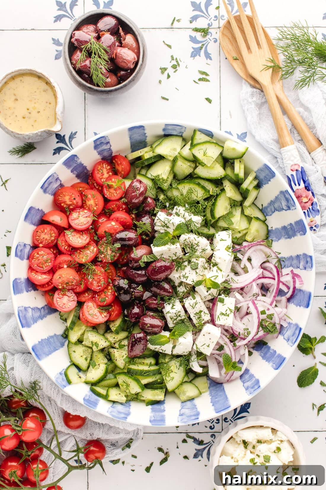 Unmixed Greek Salad in a bowl