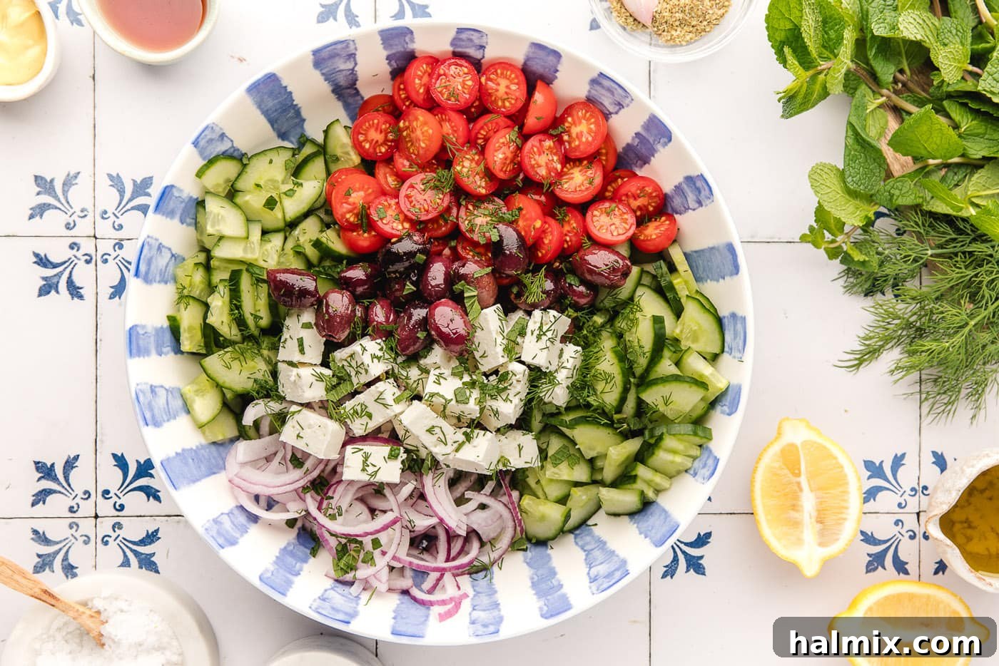 chopped veggies in a bowl for greek salad