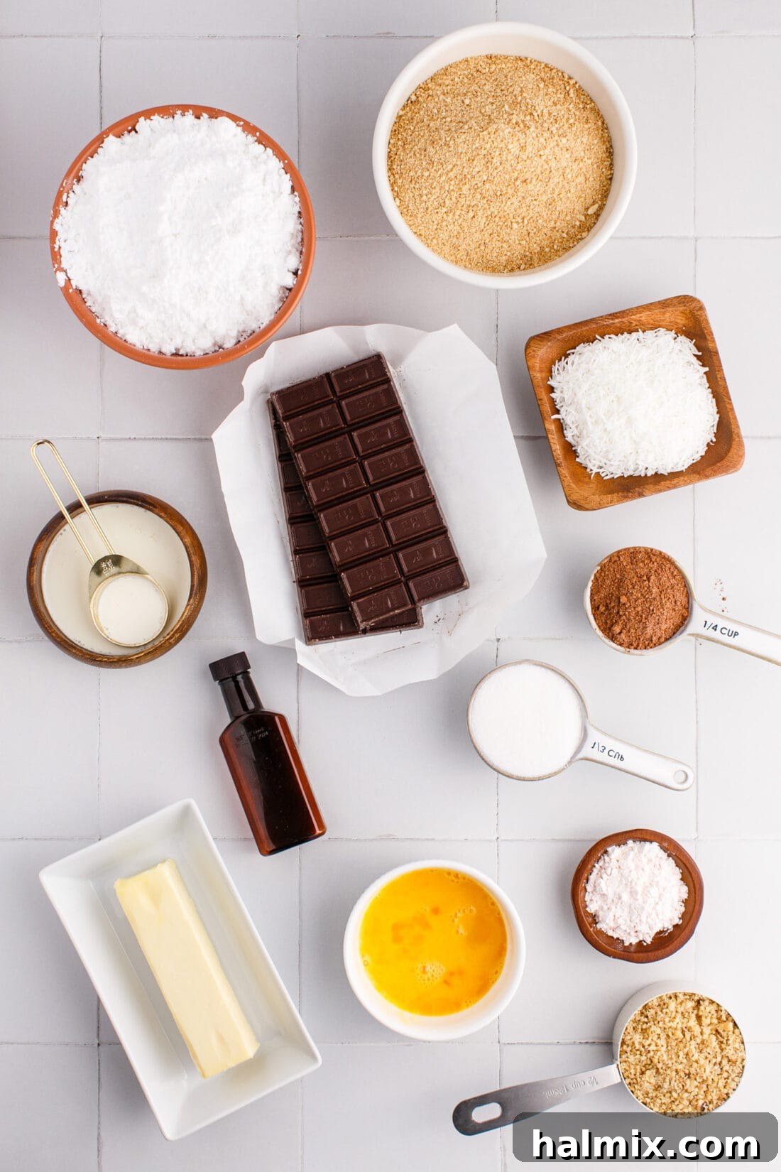A collection of ingredients laid out, ready for making Nanaimo Bars.