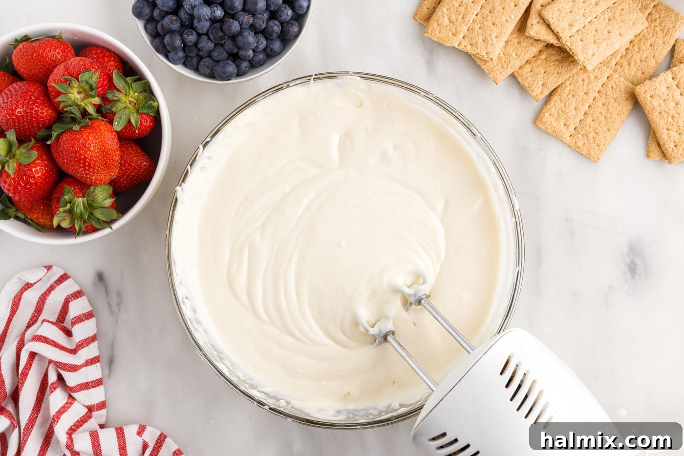 The fully mixed cream cheese pudding mixture, ready for layering in the icebox cake.