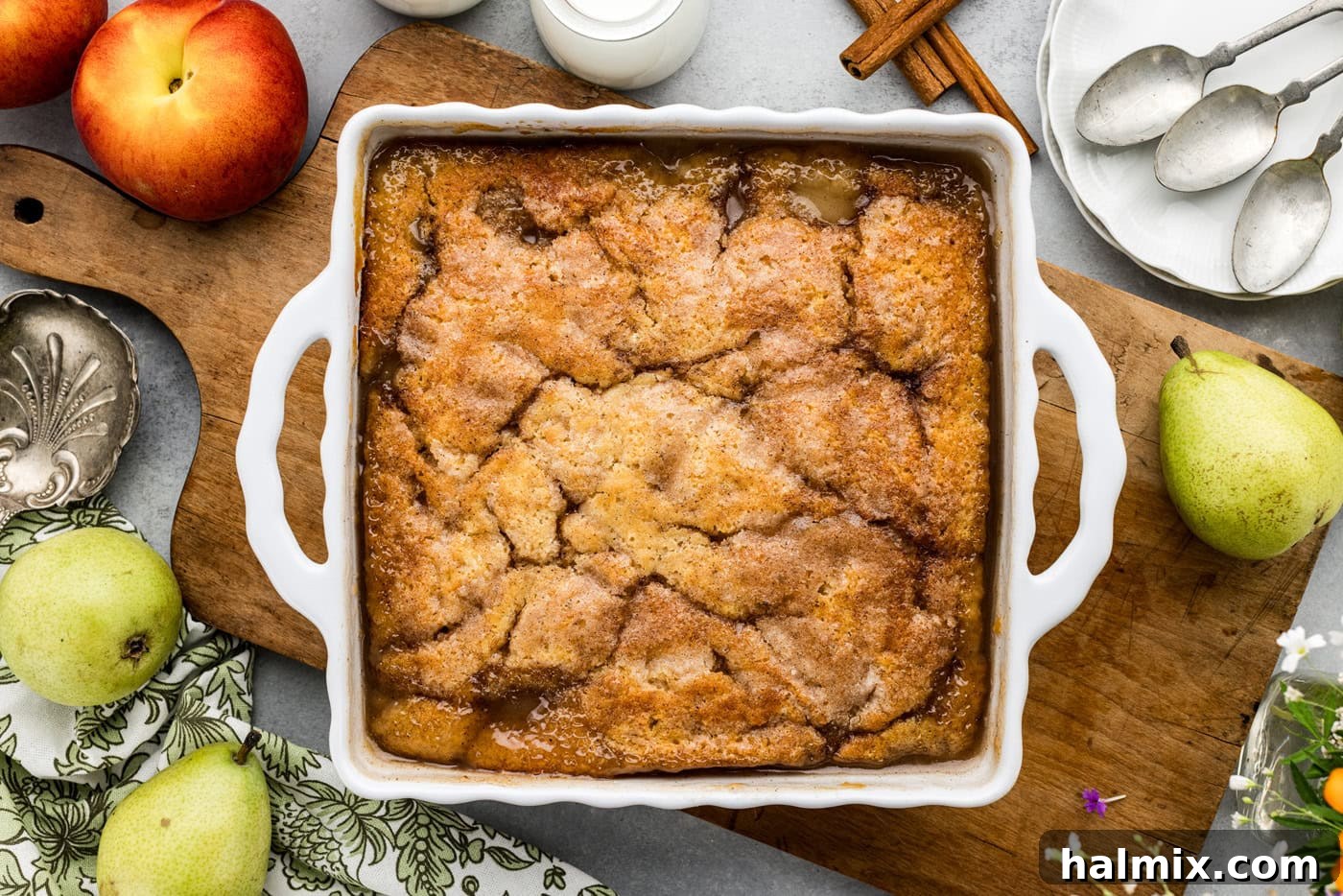 overhead shot of baked pear peach cobbler 