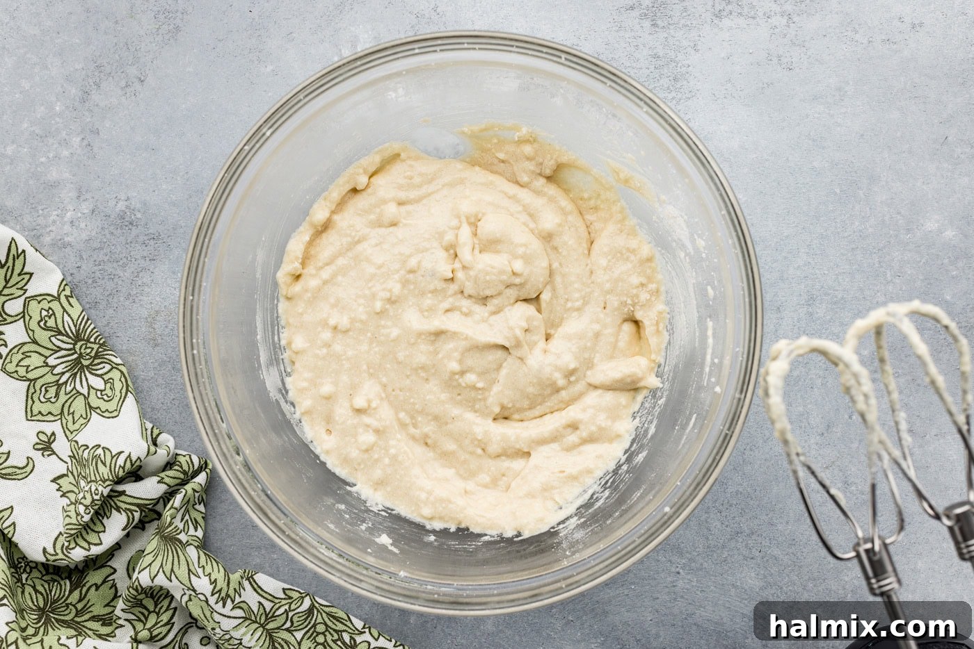 overhead shot of cobbler topping mixture in a mixing bowl