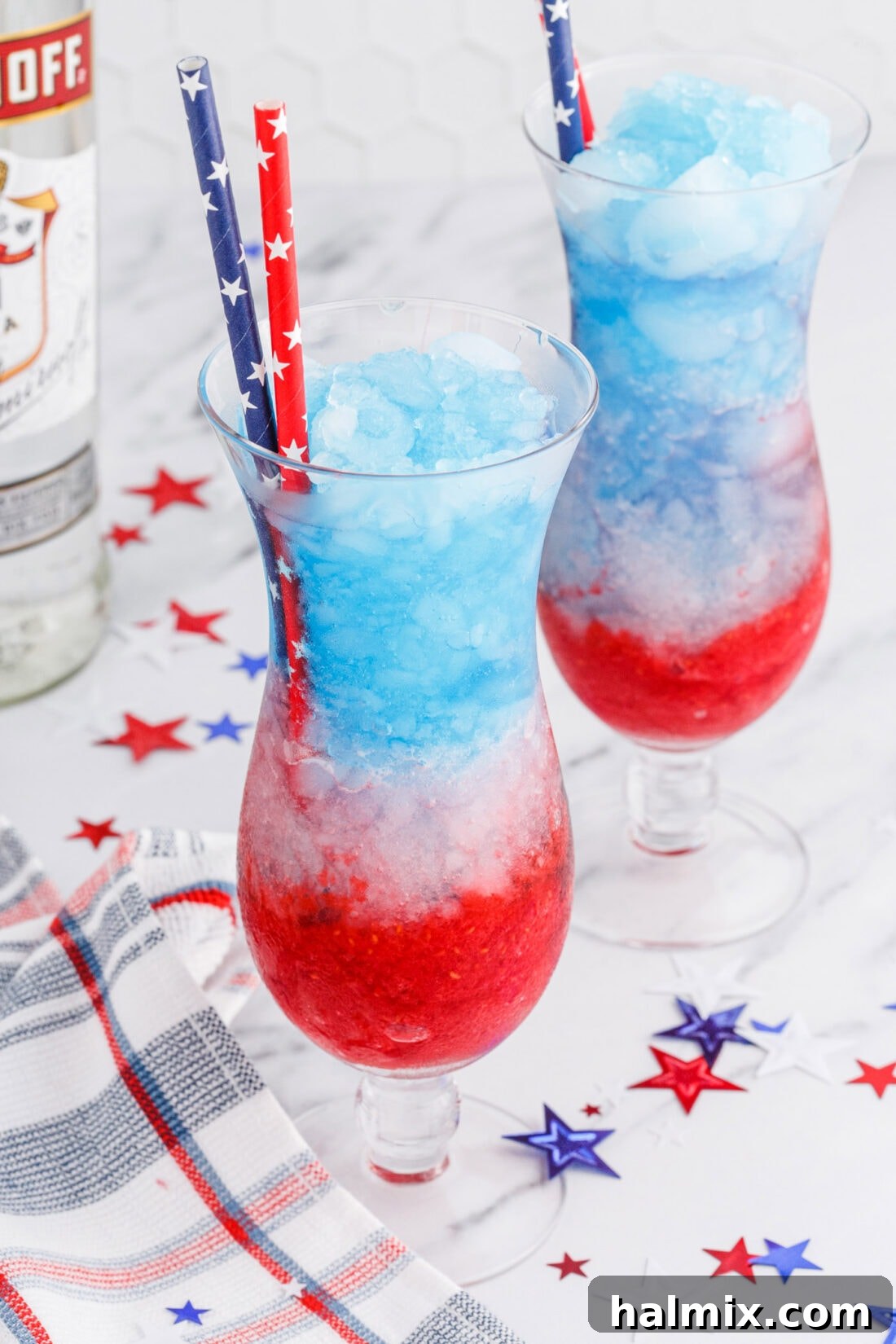 Freedom's Frosty Vodka Lemonade 3 Patriotic Vodka Lemonade Slushies with festive straws and garnishes