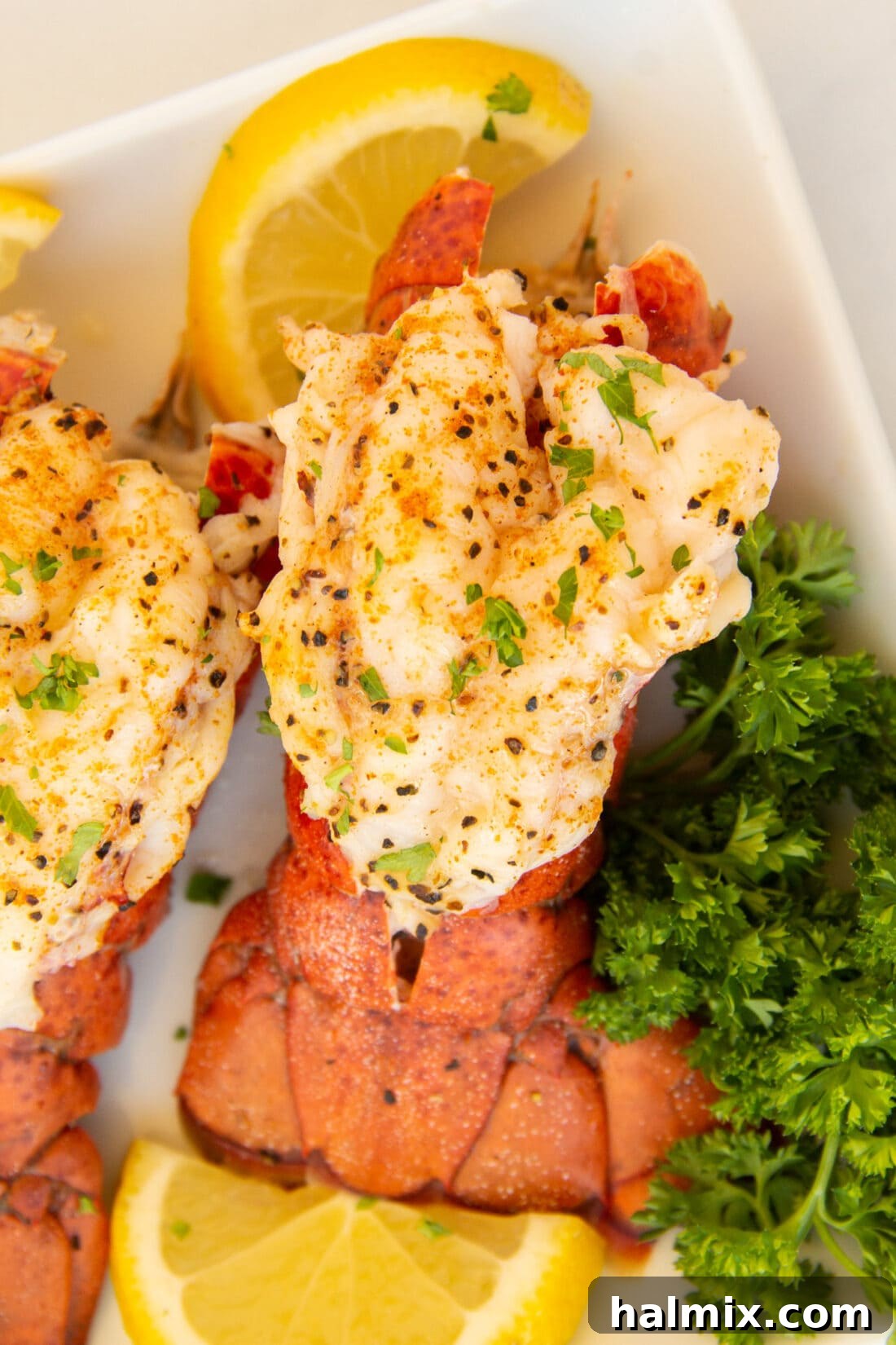 Steamed Lobster Tail on plate with parsley and lemon
